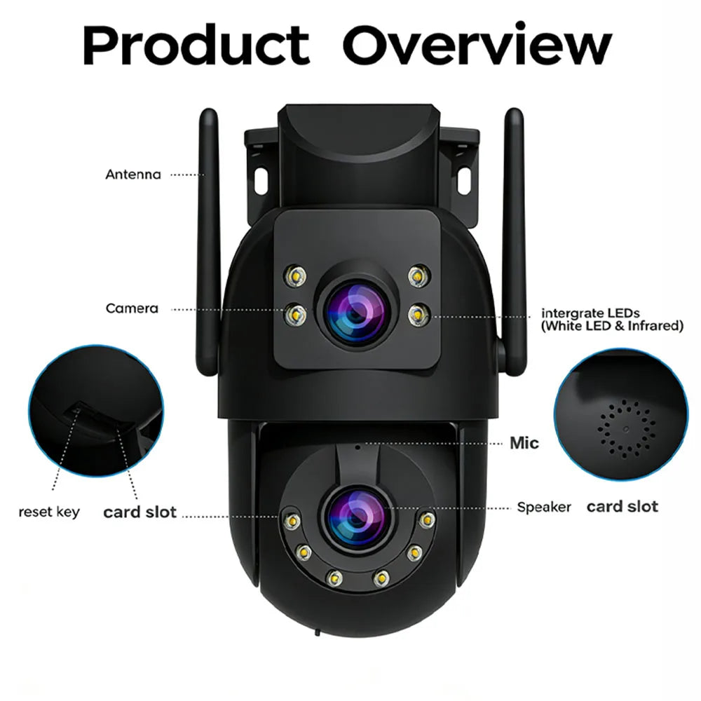 Câmera PTZ Wifi 4K 8MP para Exterior com Lente Dupla e Tela Dupla, Zoom Digital 5X, Câmera IP com Rastreamento Automático e Vigilância de Áudio e Vídeo