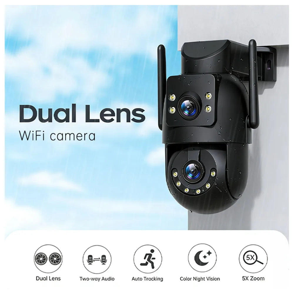 Câmera PTZ Wifi 4K 8MP para Exterior com Lente Dupla e Tela Dupla, Zoom Digital 5X, Câmera IP com Rastreamento Automático e Vigilância de Áudio e Vídeo