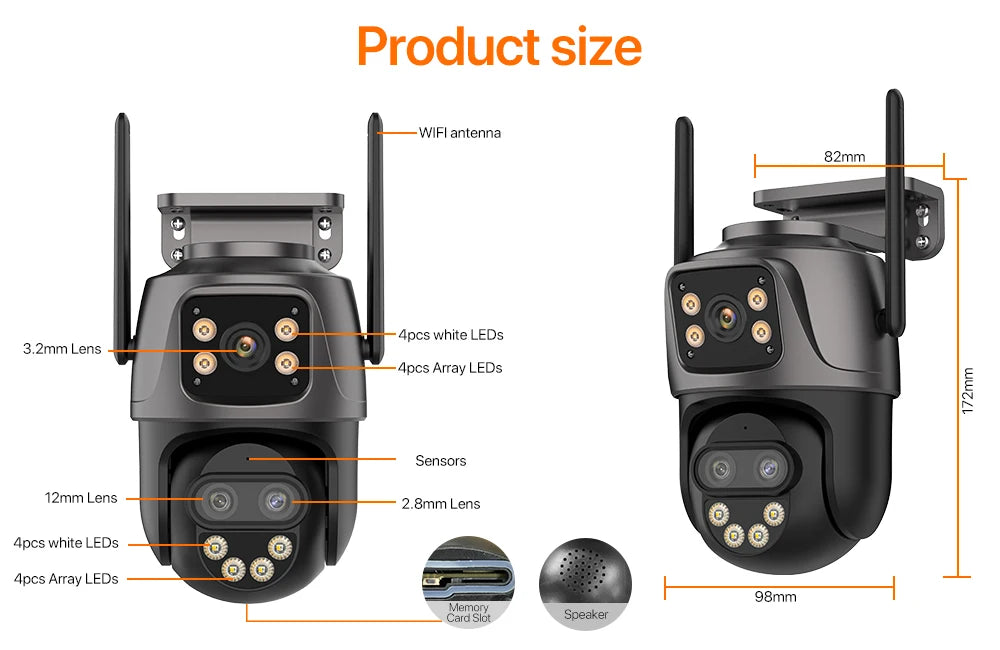 Câmera IP Wonsdar 6K 9MP WiFi - Três Lentes - PTZ 8x Zoom - Tela Dupla - Visão Noturna Colorida - iCSee