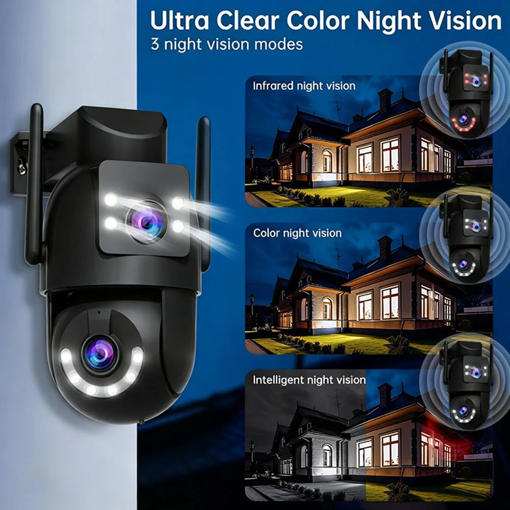 Câmera PTZ Wifi 4K 8MP para Exterior com Lente Dupla e Tela Dupla, Zoom Digital 5X, Câmera IP com Rastreamento Automático e Vigilância de Áudio e Vídeo
