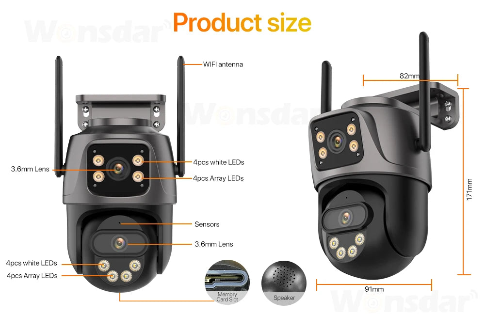 Câmera de Segurança IP WiFi 4K Três Telas com Lente Dupla PTZ Detecção IA e IP66 À Prova D'Água iCsee