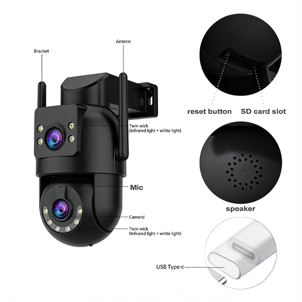 Câmera PTZ Wifi 4K 8MP para Exterior com Lente Dupla e Tela Dupla, Zoom Digital 5X, Câmera IP com Rastreamento Automático e Vigilância de Áudio e Vídeo