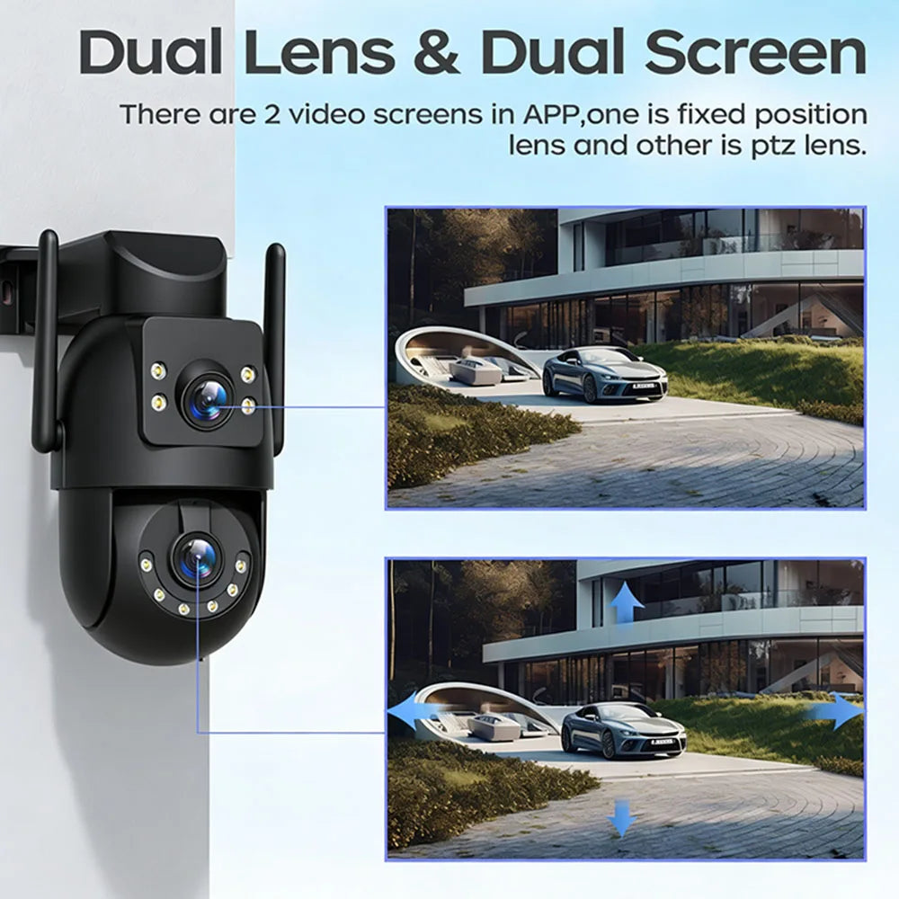 Câmera PTZ Wifi 4K 8MP para Exterior com Lente Dupla e Tela Dupla, Zoom Digital 5X, Câmera IP com Rastreamento Automático e Vigilância de Áudio e Vídeo