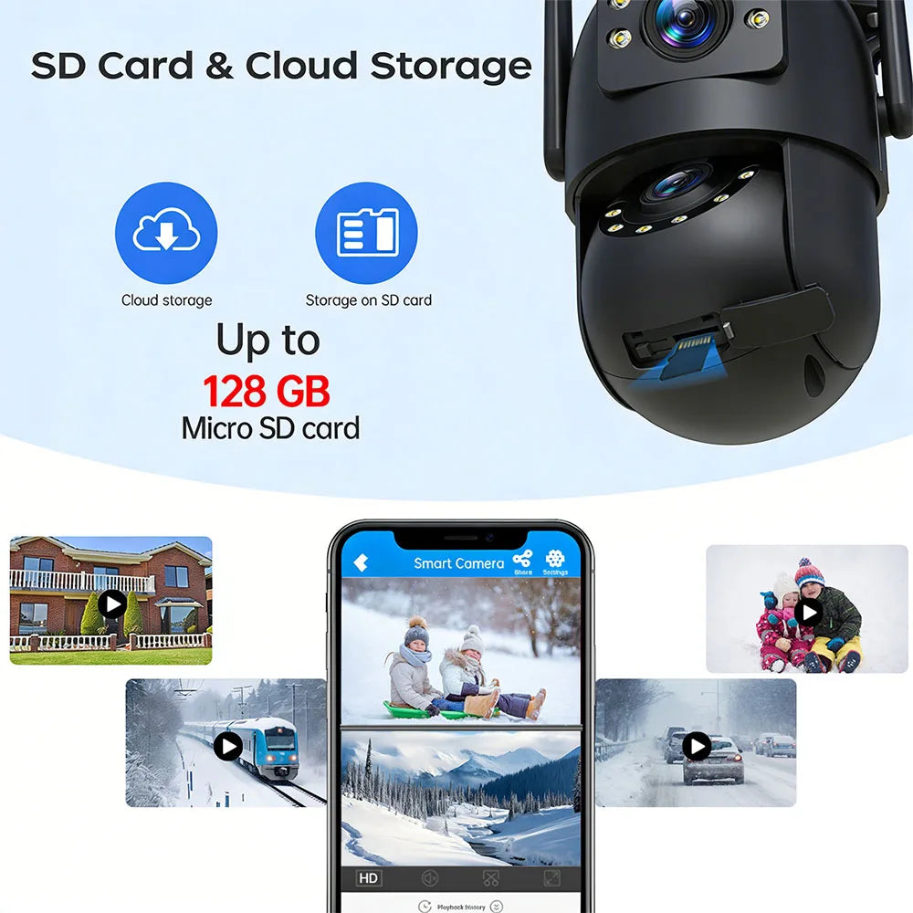 Câmera PTZ Wifi 4K 8MP para Exterior com Lente Dupla e Tela Dupla, Zoom Digital 5X, Câmera IP com Rastreamento Automático e Vigilância de Áudio e Vídeo
