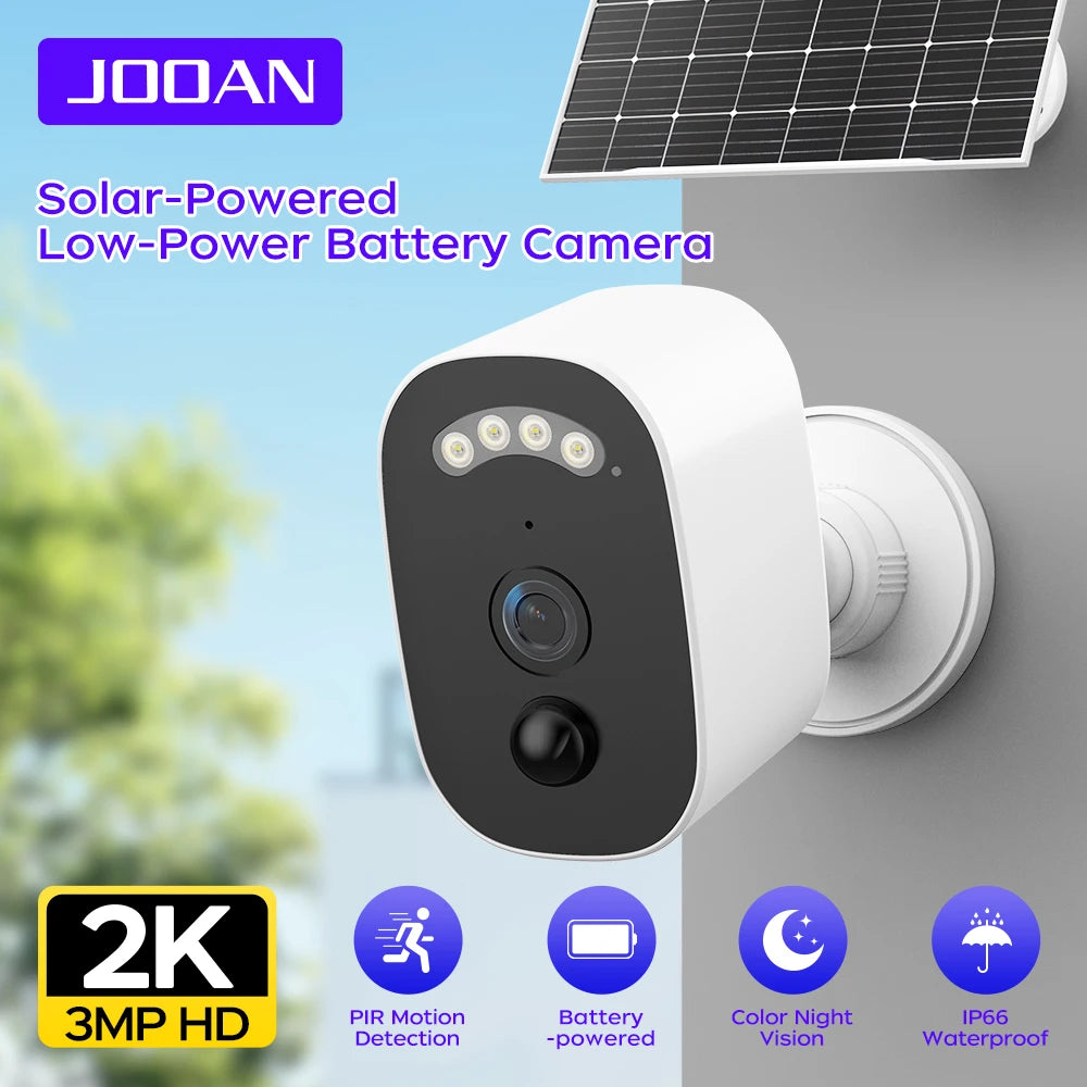 Câmera Solar JOOAN 2K 3MP - Sem Fio com Bateria, Detecção Humana PIR e Visão Noturna Colorida