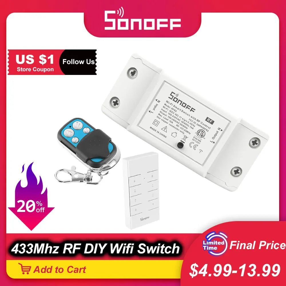 Interruptor Inteligente SONOFF RF R2 WiFi + RF 433MHz - Controle Remoto - Automação Residencial