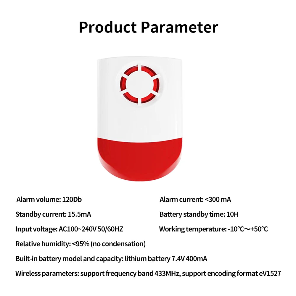 Sirene de Alarme Staniot 433MHz - 120dB com Luz Estroboscópica para Uso Externo