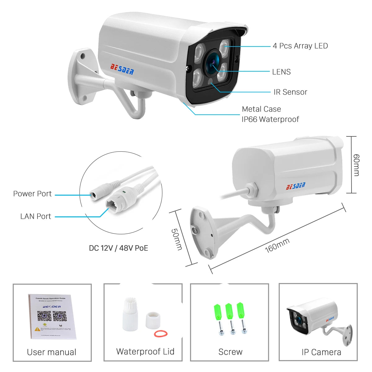 Câmera IP PoE Bullet 2MP/3MP/5MP/8MP com Detecção Humana H.265 ONVIF IP66 Visão Noturna 30m - BESDER