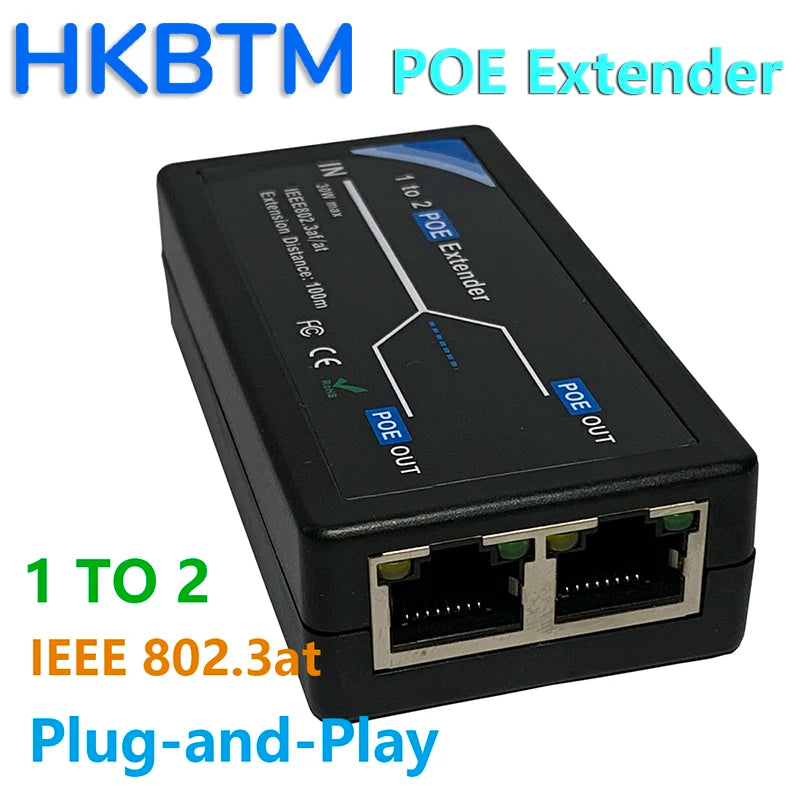 Extensor PoE HKBTM 2 Portas 100Mbps - IEEE 802.3af Extensão 100m Câmera IP NVR AP VoIP Compacto