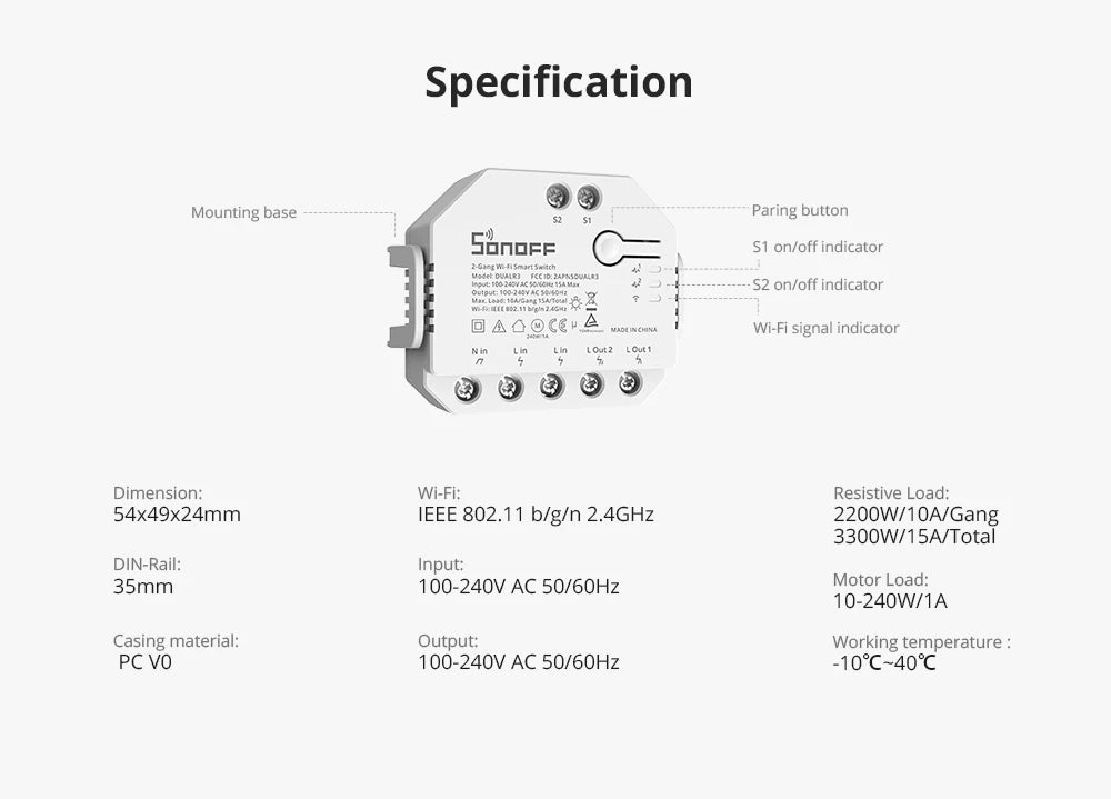 Sonoff duplo r3 relé duplo wifi interruptor inteligente controle em dois sentidos medição de energia rolo tons motor cortinas elétricas interruptor