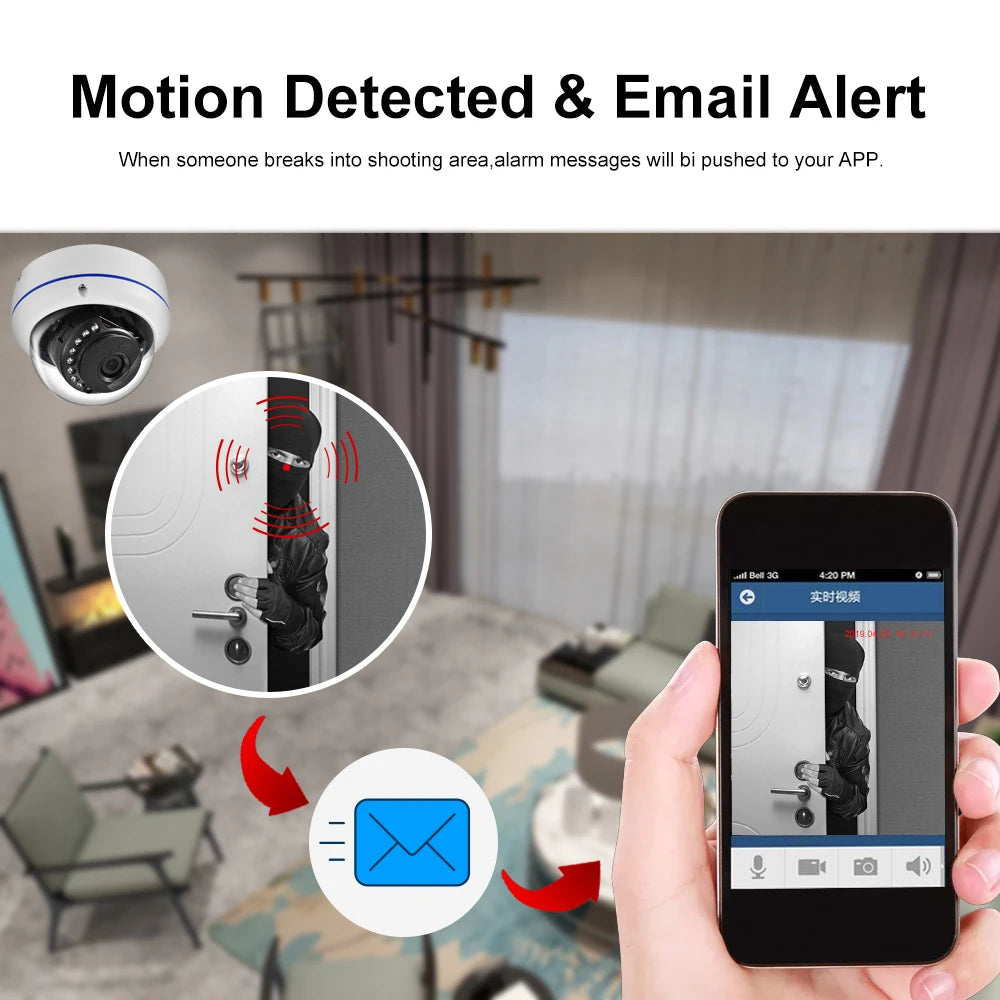 Câmera IP POE Dome 5MP Antivandalismo Metal Detecção Movimento Visão Noturna Gadinan