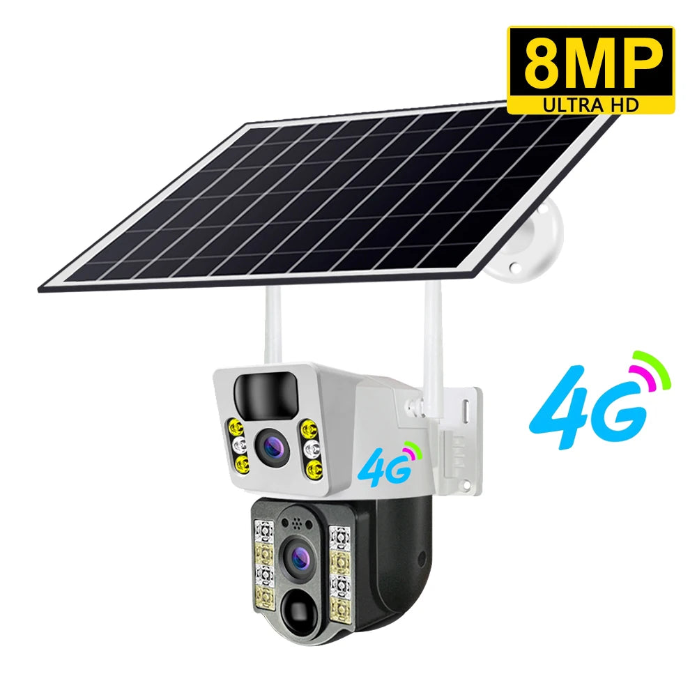 Câmera Solar 4K 8MP V380 - Lente Dupla - 4G/WiFi - PTZ 355° - Visão Noturna Colorida - PIR