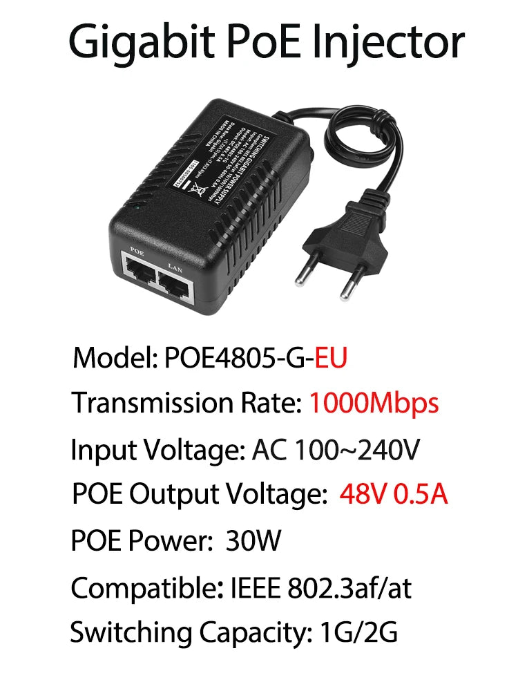 Injetor PoE Gigabit 48V 30W - IEEE 802.3af/at 10/100/1000Mbps Passivo Câmera IP AP Compacto
