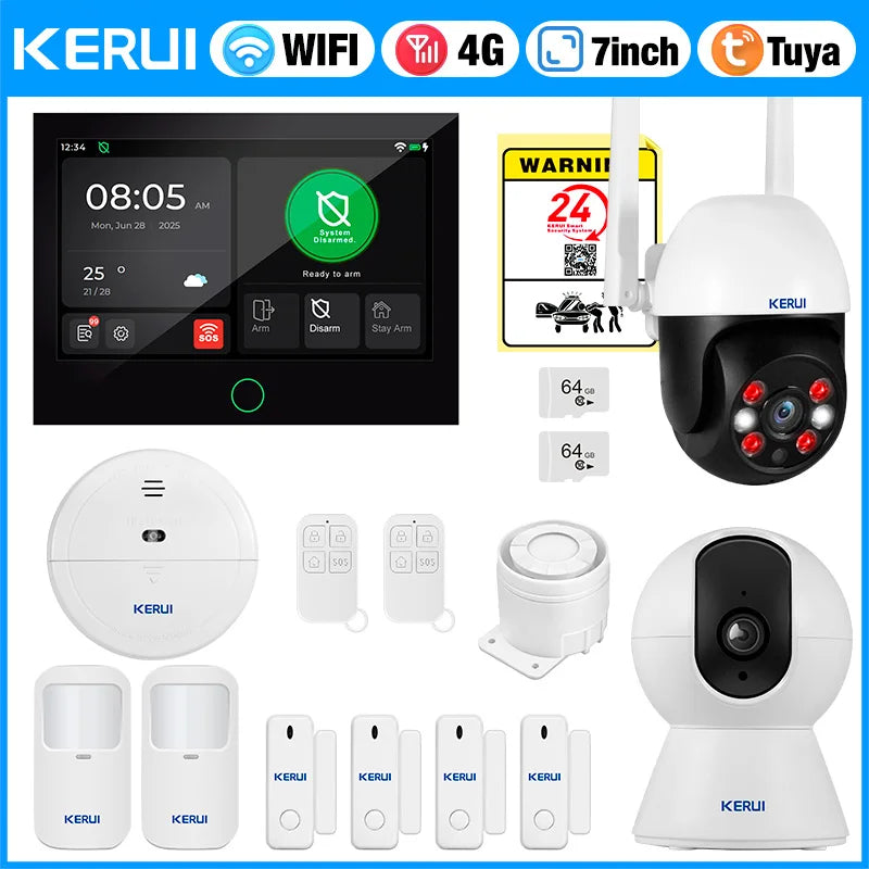 Sistema de Alarme Inteligente WiFi/4G GSM com Tela Touch IPS 7" Sensor Movimento Sirene - Kerui G70