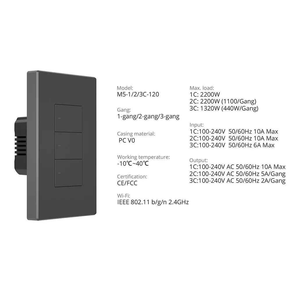 SONOFF-M5 Interruptor de Parede Inteligente com Controle Remoto, Tipo 120, Botão, 1 Gang, 2 Gang, 3 Gang, Painel de Parede, APP, Suporte Controle Remoto, R5