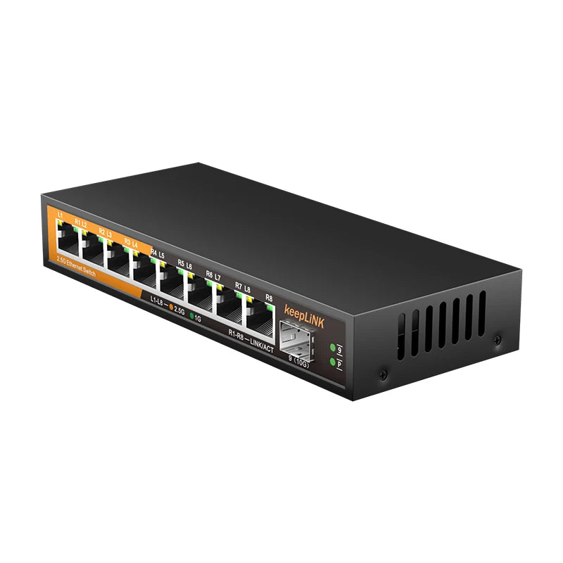 Switch 2.5Gbps KeepLiNK 9 Portas Fanless - 8x 2.5G RJ45 + 1x 10Gb SFP+ 60Gbps VLAN Metal