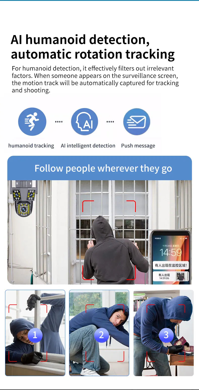 Câmera WiFi 12MP 6K Três Lentes Zoom 10x Rastreamento IA Visão Noturna Colorida CHAMOUS