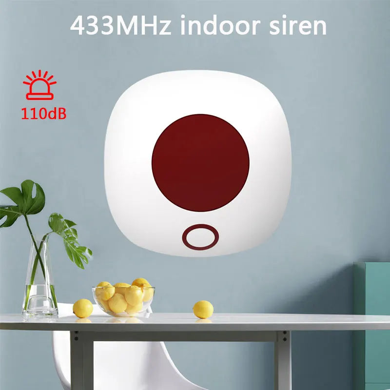 Sirene sem fio interna 433mhz, sistema de alarme de segurança doméstica autônomo, alto decibel, 110db, som, luz estroboscópica, alto-falante