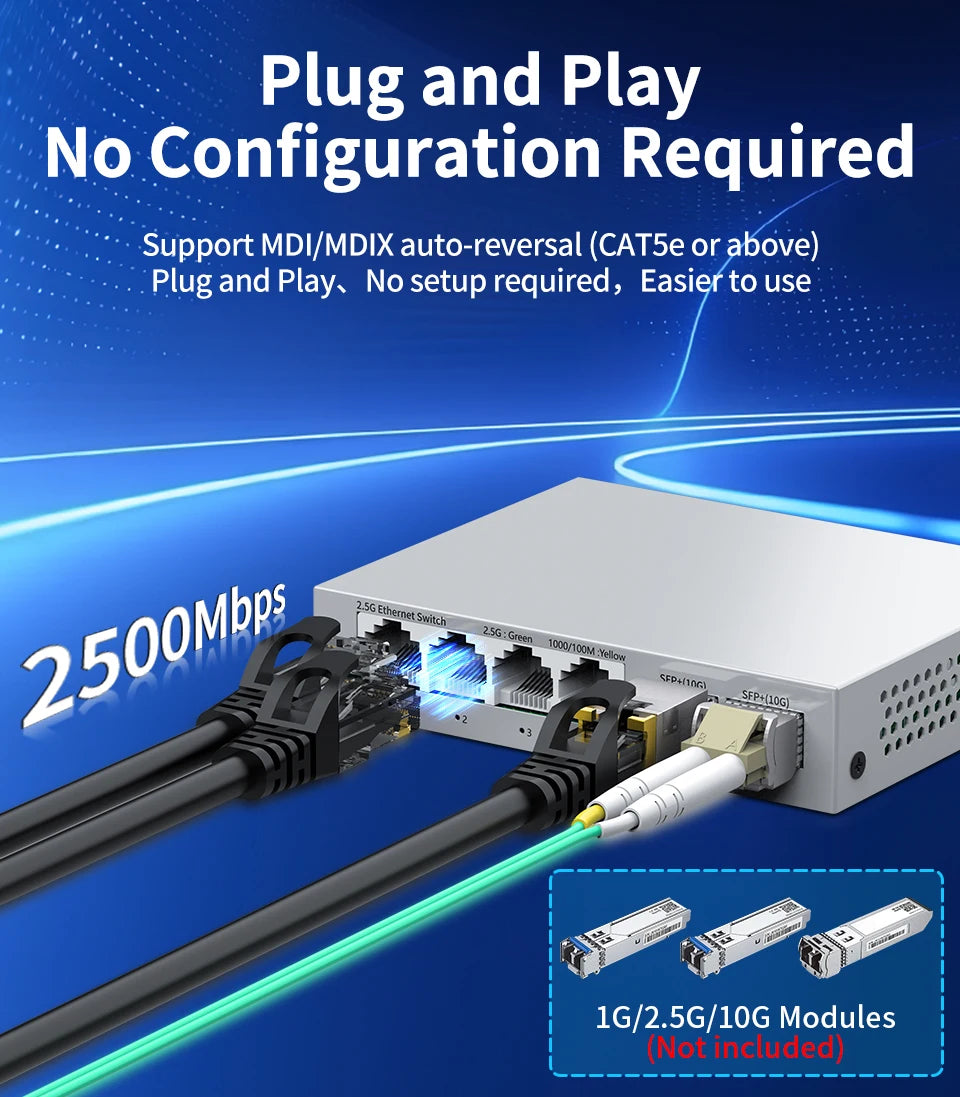 Switch 2.5Gb HORACO 6 Portas - 4x 2.5GBASE-T RJ45 + 2x 10G SFP+ 60Gbps Plug & Play Sem Ventilador