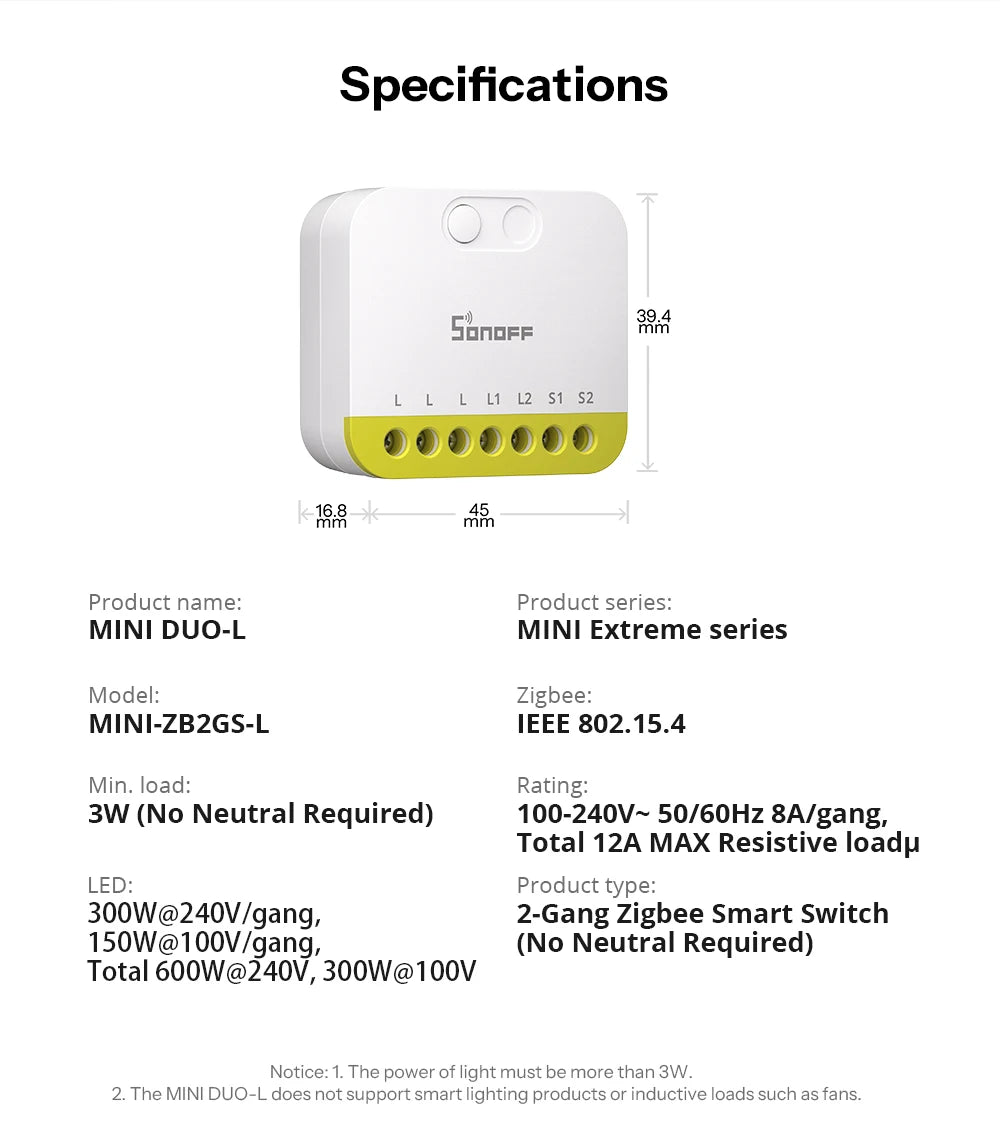 Interruptor Inteligente Zigbee 2 Gang Sem Fio Neutro Ultra Compacto SONOFF MINI DUO-L