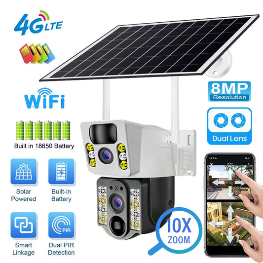 Câmera Solar 4K 8MP V380 - Lente Dupla - 4G/WiFi - PTZ 355° - Visão Noturna Colorida - PIR