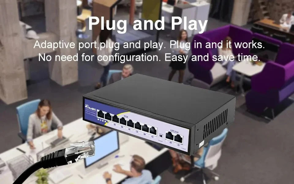 Switch PoE KuWFi 10 Portas 100Mbps - 8 PoE Injetor RJ45 Câmera IP AP Wireless CCTV Plug & Play