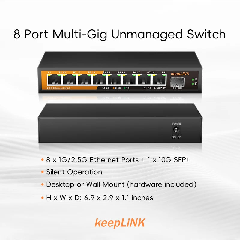 Switch 2.5Gbps KeepLiNK 9 Portas Fanless - 8x 2.5G RJ45 + 1x 10Gb SFP+ 60Gbps VLAN Metal