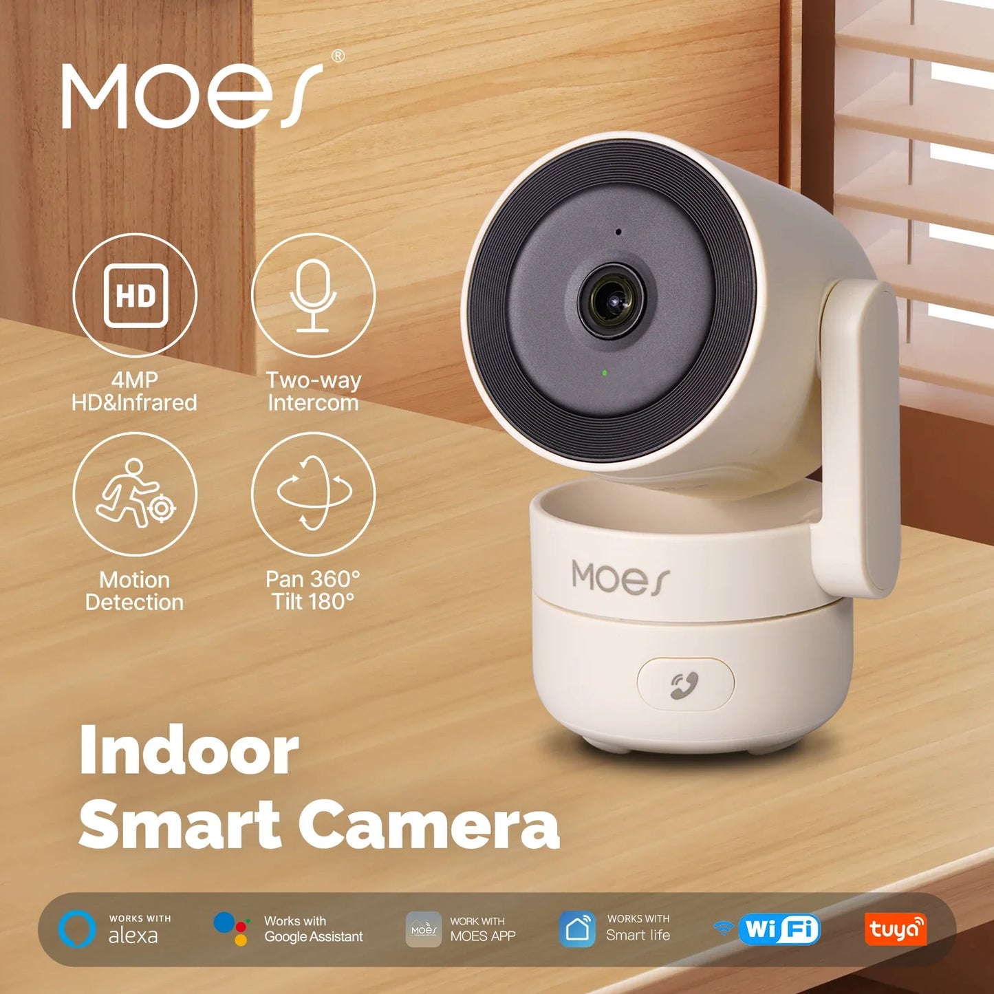 Câmera de Segurança MOES Tuya WiFi 4MP HD Pan/Tilt com Visão Noturna Infravermelha, Detecção de Movimento e Som, Patrulha Panorâmica