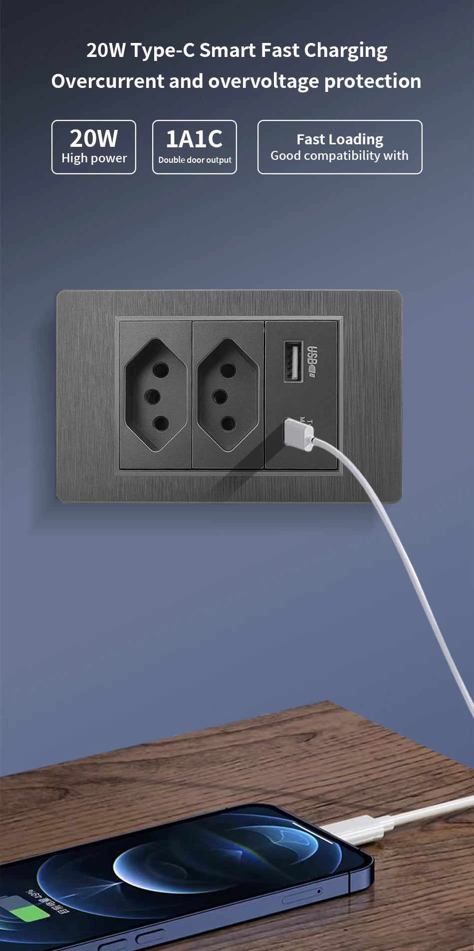 Tomada Parede Padrão Brasil 20A USB Duplo Tipo-C Escovada Preta PC Bivolt 110-240V Delefu