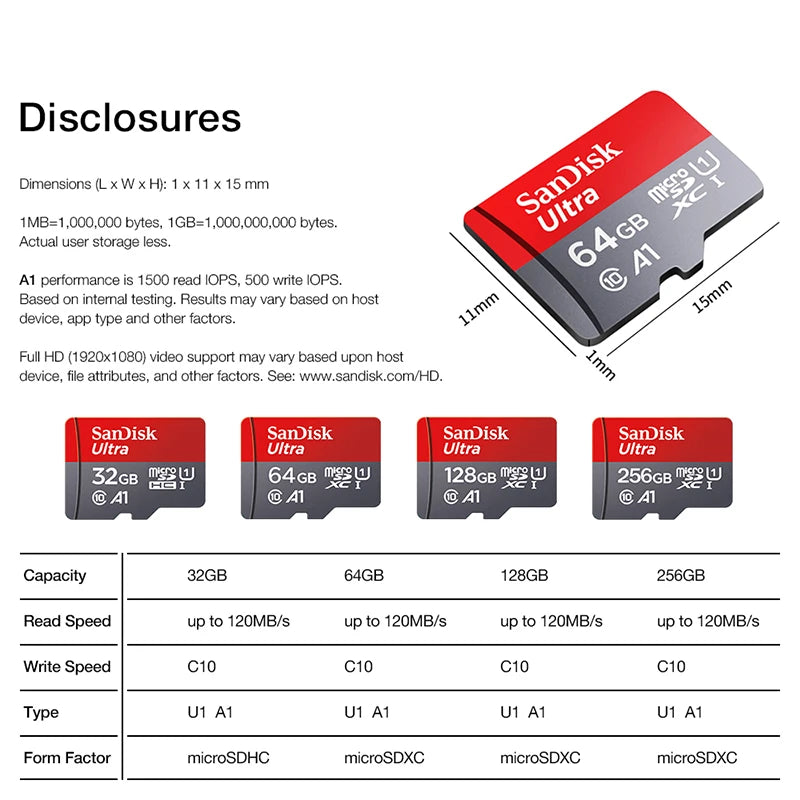 Cartão de Memória SanDisk Ultra MicroSD 32GB 64GB 128GB 256GB 512GB Classe 10 UHS-I A1 V10