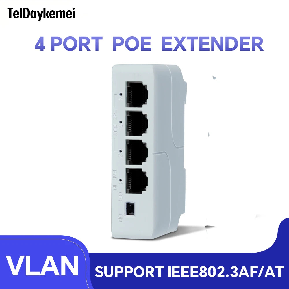Extensor PoE TelDaykemei 4 Portas - Repetidor Transmissão IP Câmera NVR Switch Compacto 82x52x23mm