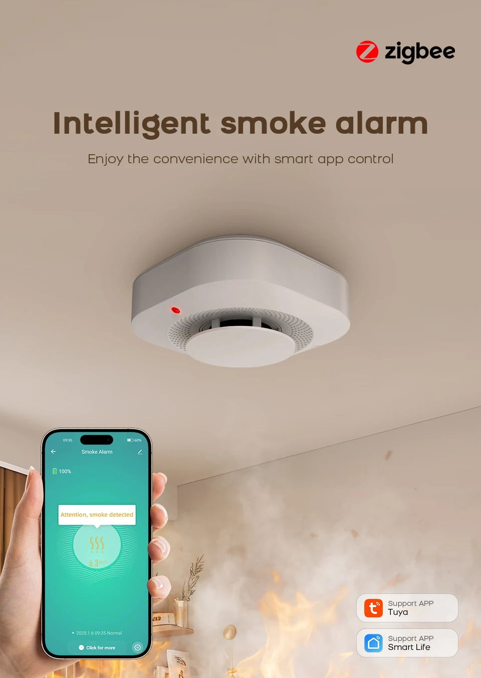 Tuya zigbee wifi inteligente detector de fumaça sensor alarme segurança em casa proteção contra incêndio para sistema segurança em casa via smart life app