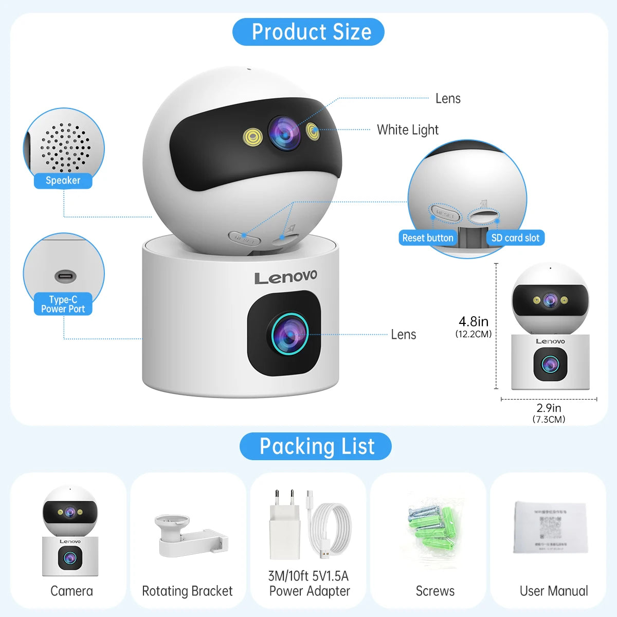 Câmera de Segurança Lenovo 4K IP Lente Dupla 5G WiFi Dual-Band com Rastreamento Automático, Visão Noturna Colorida e IP66