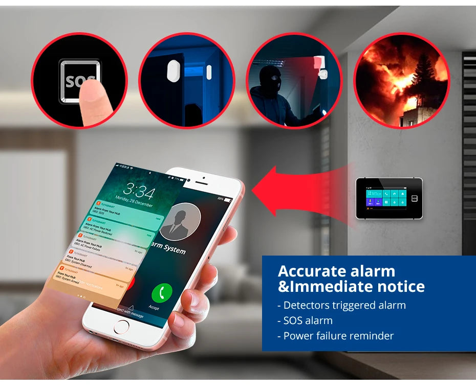 Central de Alarme KERUI G64B 4G WiFi Tela Touch 4.3" com Tuya Smart 100 Zonas Temperatura Umidade - KERUI