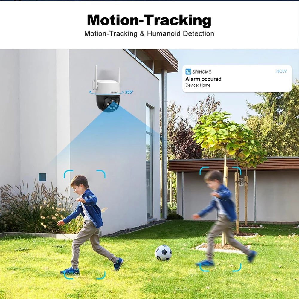 Srihome 8MP 4K WiFi PTZ Câmera Smart Color Night Vision IP66 Segurança externa 360 °   Cobertura Smart Auto Tracking SH072