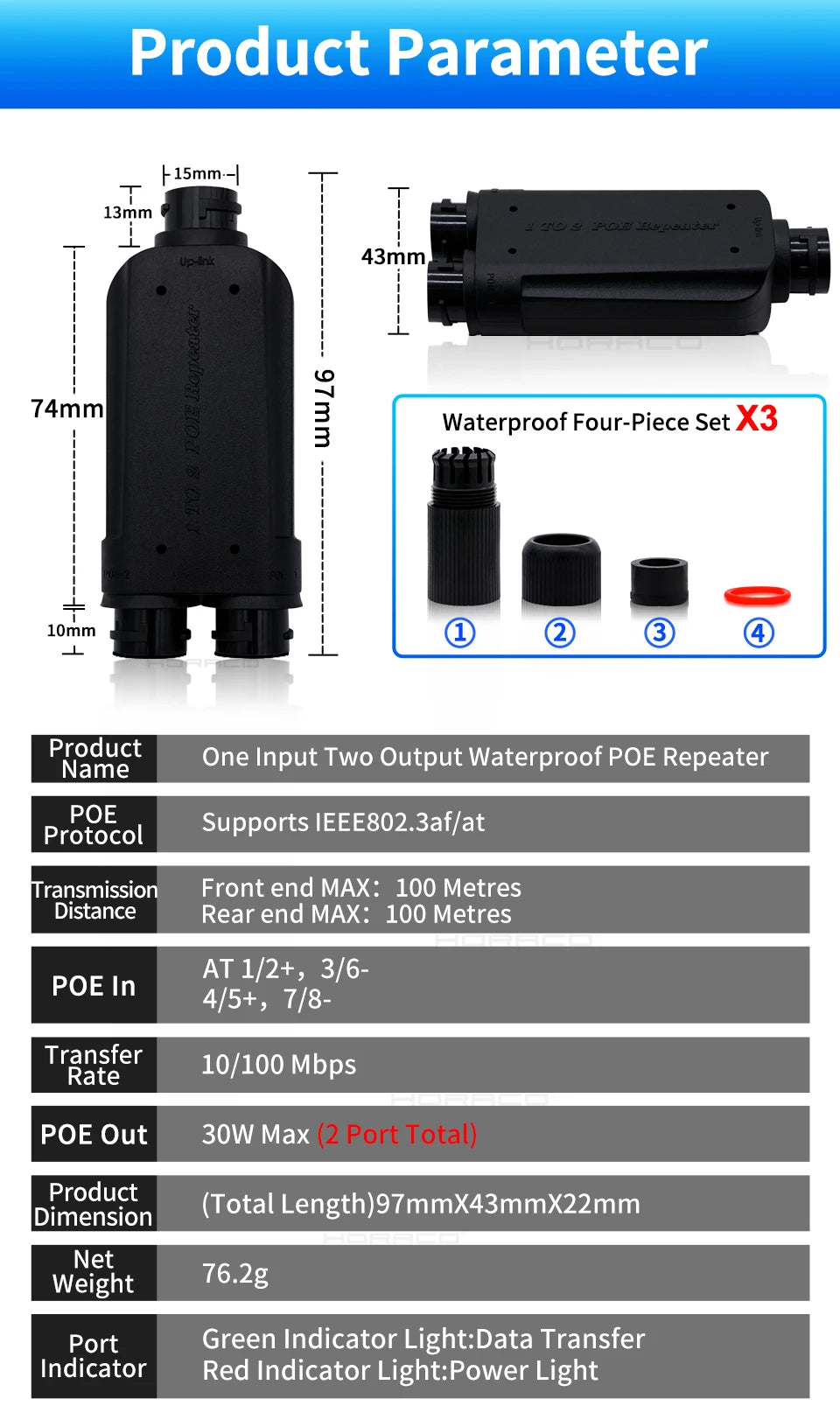 Repetidor PoE HORACO 2 Portas À Prova D'Água IP66 - 1 para 2 IEEE 802.3af/at 10/100Mbps 30W Externo Câmera