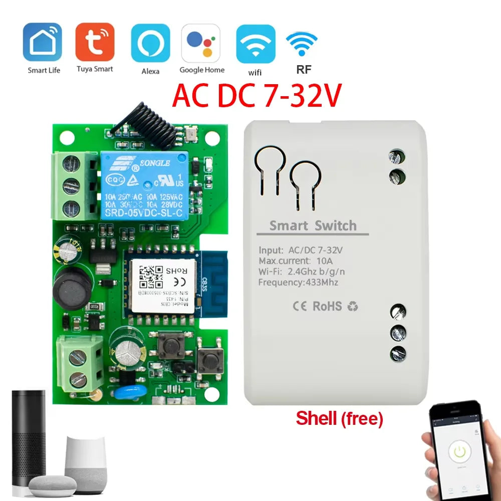 Tuya wifi inteligente portão de garagem interruptor do motor acesso porta elétrica dc 12v 24v 32v ac 220v 1/2ch módulo relé pulso rf433 remoto alexa