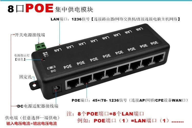 Injetor/Divisor PoE 4-8 Portas - IEEE 802.3af 12V-48V Power Over Ethernet Câmera CCTV AP Wireless