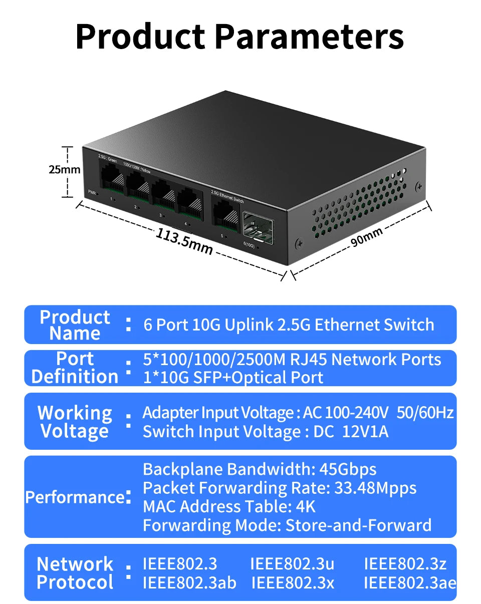 Switch 2.5GbE HORACO 6 Portas - 5x 2.5GBASE-T RJ45 + 1x 10G SFP+ Plug & Play Home Lab NAS