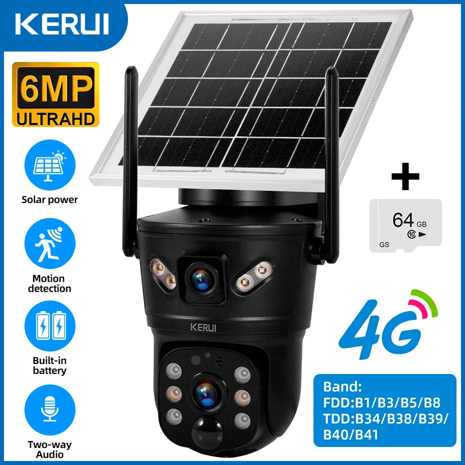 Câmera Solar WiFi/4G 6MP Lente Dupla À Prova D'Água com Painel Solar - Kerui D05