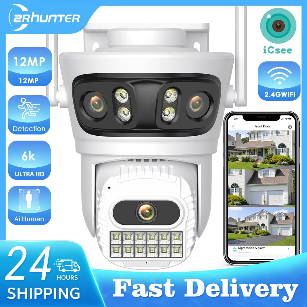 Câmera IP WiFi ZRHUNTER A56 12MP 6K Tripla Lente PTZ Detecção Humana IA Rastreamento Automático Visão Noturna Colorida IP66 App ICSEE - ZRHUNTER