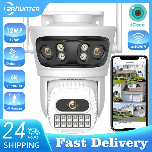 Câmera IP WiFi ZRHUNTER A56 12MP 6K Tripla Lente PTZ Detecção Humana IA Rastreamento Automático Visão Noturna Colorida IP66 App ICSEE - ZRHUNTER