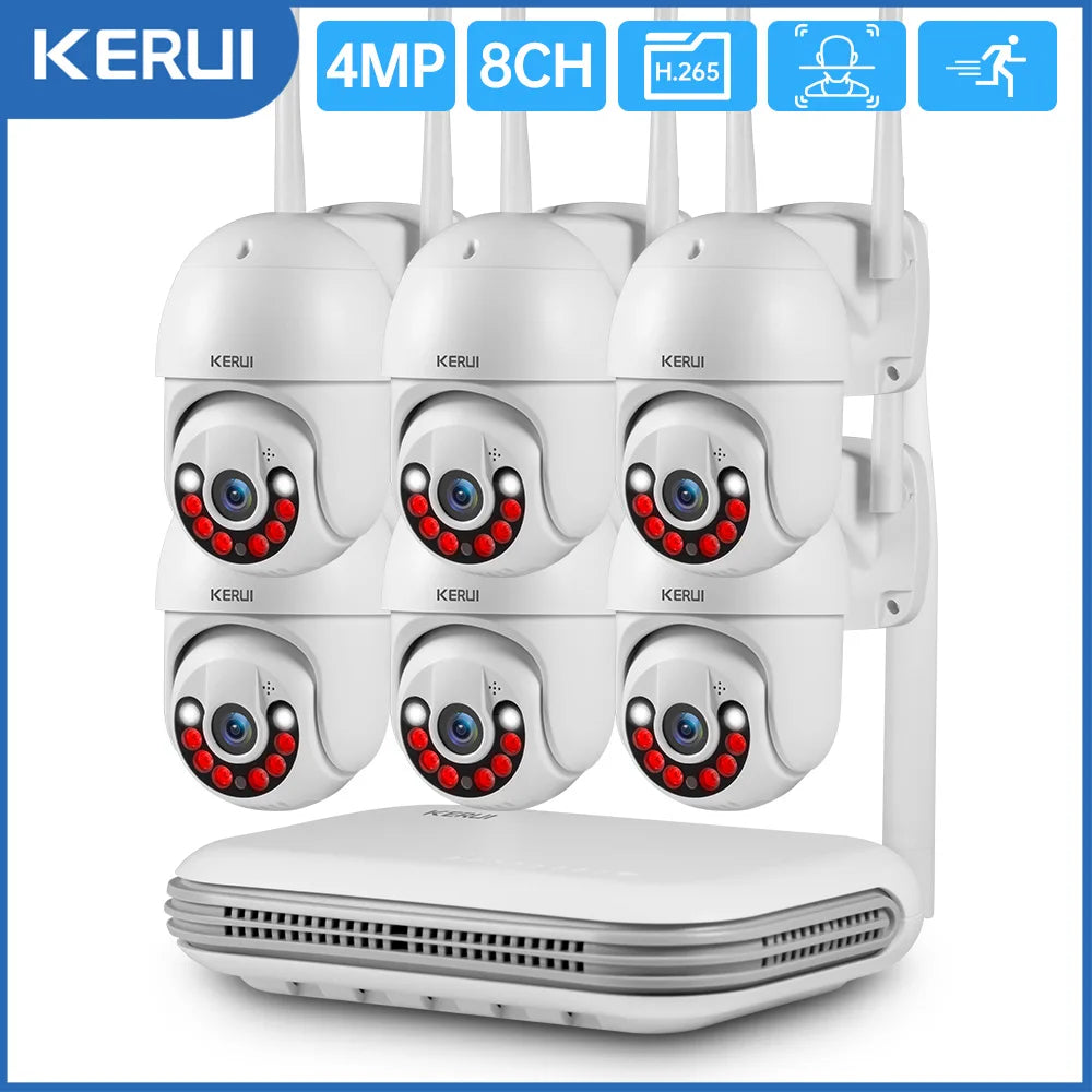 Kit Câmera de Segurança WiFi 4MP PTZ À Prova D'Água com NVR 8 Canais H.265 Áudio Bidirecional - Kerui N1008L-WF