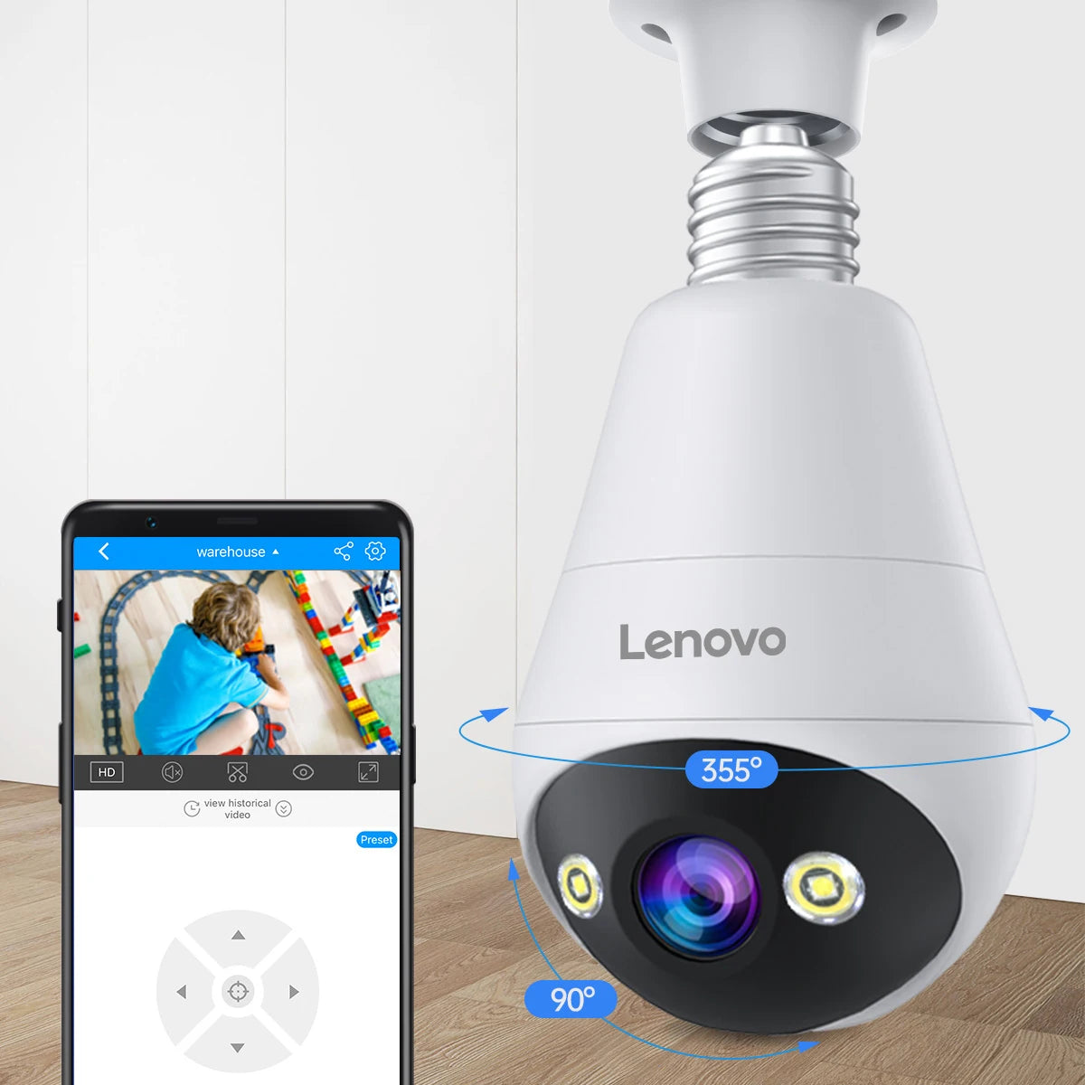 Câmera de Segurança Lenovo 3MP WiFi Lâmpada E27 com Visão Noturna Colorida e Áudio Bidirecional