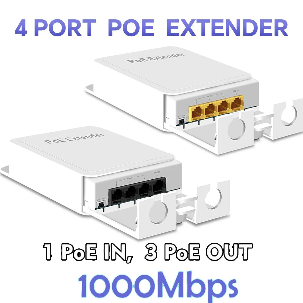 Extensor PoE 4 Portas Gigabit Repetidor IP55 - 100/1000Mbps VLAN 44-57V Externo Câmera Wireless AP