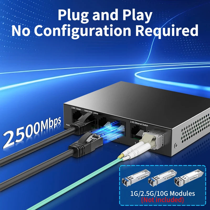 Switch 2.5GbE HORACO 6 Portas - 5x 2.5GBASE-T RJ45 + 1x 10G SFP+ Plug & Play Home Lab NAS