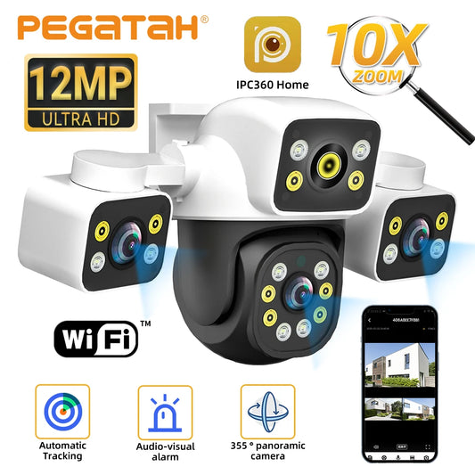 Câmera WiFi PTZ 12MP 6K Três Lentes Três Telas Zoom 10x Rastreamento Automático Alarme Visual IP66 PEGATAH