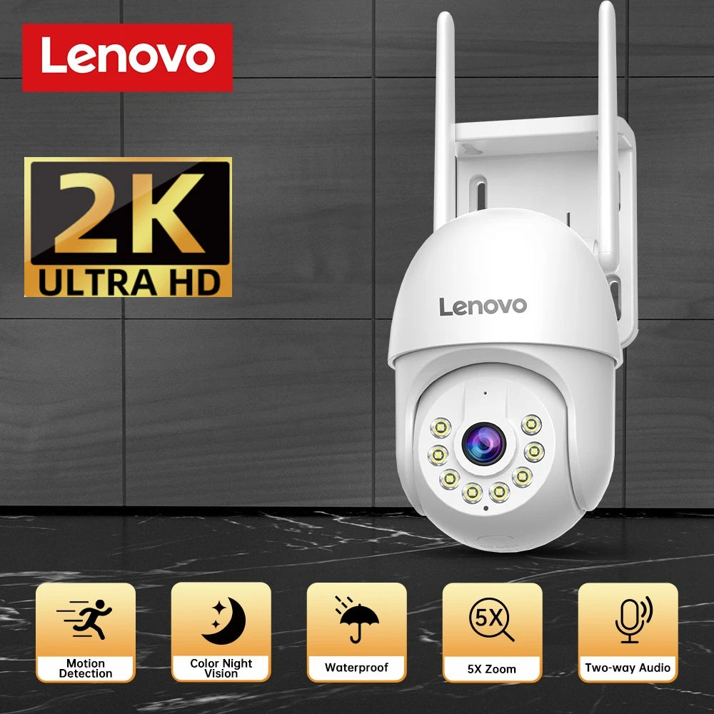 Câmera PTZ Lenovo 2K – WiFi 2,4GHz + Cabo RJ-45, Pan 360°, Visão Noturna Colorida e IP66