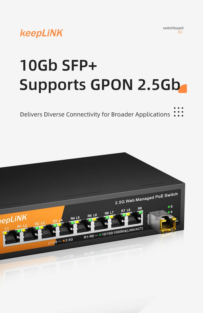 Switch Gerenciado KeepLiNK KP-9000 PoE+ 9 Portas 8x 2.5Gb PoE 130W + 1x 10Gb SFP+ Web Managed VLAN QoS - KeepLiNK