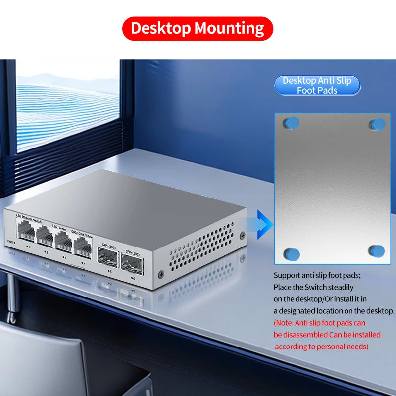 Switch 2.5Gb HORACO 6 Portas - 4x 2.5GBASE-T RJ45 + 2x 10G SFP+ 60Gbps Plug & Play Sem Ventilador